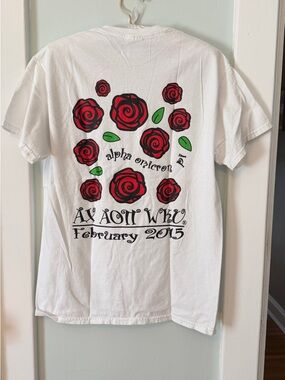 Alpha Omicron Pi, Alpha Chi White T‑Shirt with Red Rose Graphic and Green Leaves